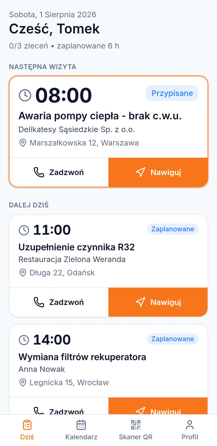 Ekran „Dziś” w aplikacji technika: godziny wizyt, klient, adres oraz przyciski Zadzwoń i Nawiguj